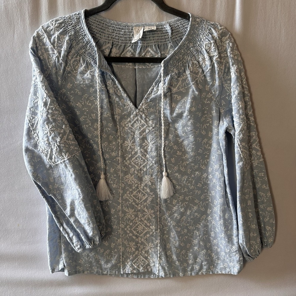 Joie XS Boho Embroidered Peasant Top Blue White Linen Cotton Blouse Tassel Tie